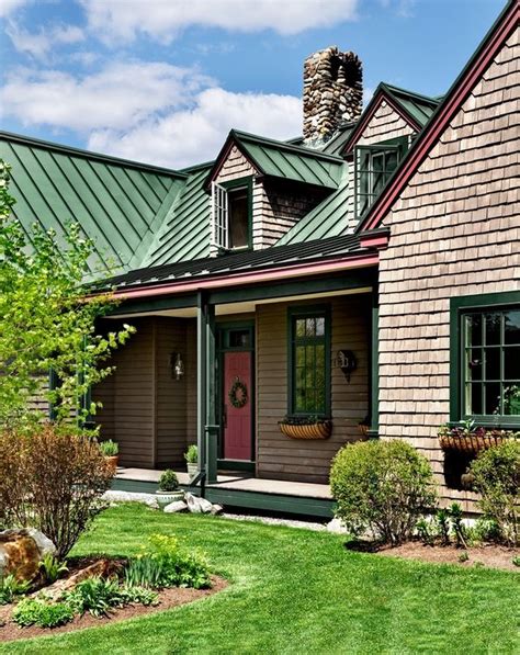 ranch house with brown metal roof|farmhouse with green metal roof.